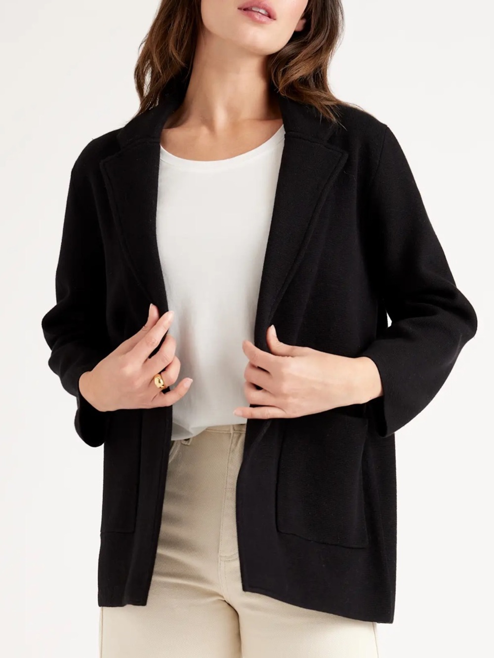 Quince Black Open-Front 100% Organic Cotton Knit Blazer Cardigan